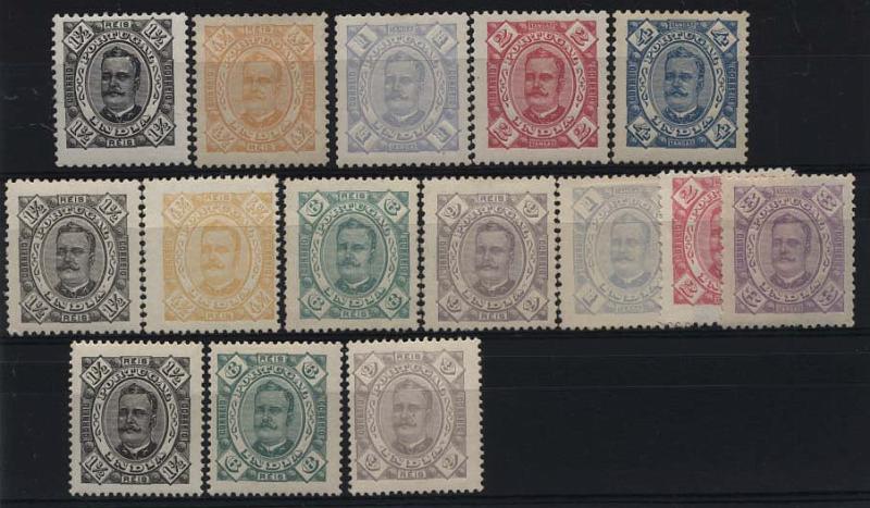 1545.jpg -     Lote:    1545            Índia       Descrição:         1895/96 &mdash; D. Carlos I, tipo Diogo Neto. CE139/146. Série completa. Lote de 15 selos todos diferentes. Faltam apenas os selos CE140 em denteado 13 &frac12; e CE145 em denteado 12 &frac12;, para completar o conjunto de todos os selos nas diversas taxas e variedades de denteados. Valor de catálogo &euro; 98,60.        **       Valor Base:     &euro; 20,00     Valor Venda:     &euro; 46,00     
