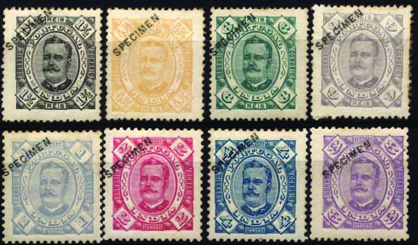 1546.jpg -     Lote:    1546            Índia       Descrição:         1895/96 &mdash; D. Carlos I, tipo Diogo Neto. CE139/146. Série completa com sobrecarga "SPECIMEN" oblíqua, batida a preto. Selos originais distribuídos com as reimpressões de 1905. Leve sinal de charneira. MB.        **       Valor Base:     &euro; 100,00     Valor Venda:     &euro; 220,00     