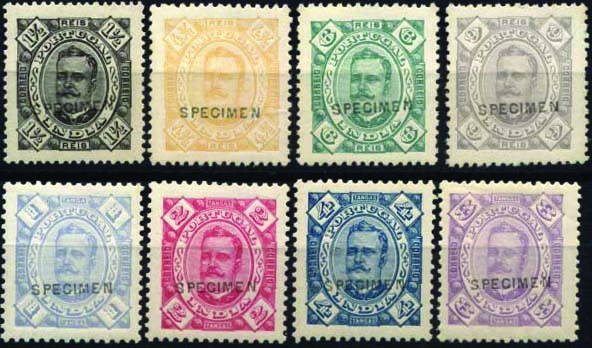 1547.jpg -     Lote:    1547            Índia       Descrição:         1895/96 &mdash; D. Carlos I, tipo Diogo Neto. CE139/146. Série completa com sobrecarga "SPECIMEN" horizontal, batida a preto. Selos originais distribuídos com as reimpressões de 1905. Leve sinal de charneira. MB.        **       Valor Base:     &euro; 100,00     Valor Venda:     &euro; 190,00     