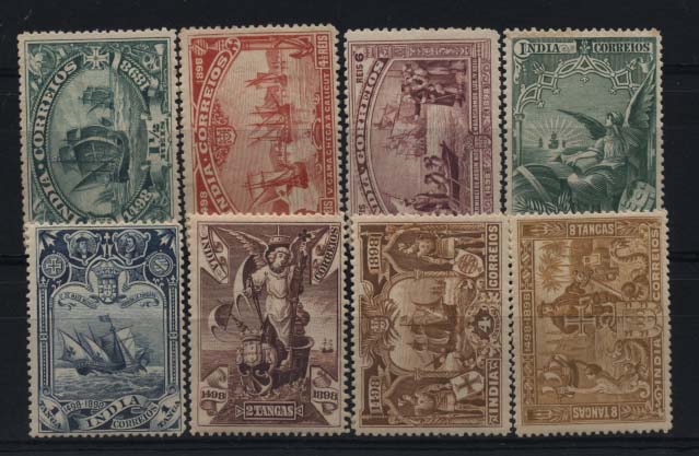 1548.jpg -     Lote:    1548            Índia       Descrição:         1898 &mdash; 4.º Centenário do Descobrimento do Caminho Marítimo para a Índia. CE147/154. Série completa. Valor de catálogo &euro; 33,00.        **       Valor Base:     &euro; 8,00     Valor Venda:     &euro; 14,00     