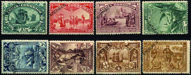 1549.jpg -     Lote:    1549            Índia       Descrição:         1898 &mdash; 4.º Centenário do Descobrimento do Caminho Marítimo para a Índia. CE147/154. Série completa, com a sobrecarga "SPECIMEN", oblíqua a preto. Selos originais distribuídos com as reimpressões de 1905. Dois selos com pontos de óxido no verso.        **       Valor Base:     &euro; 100,00     Valor Venda:     &euro; 190,00     