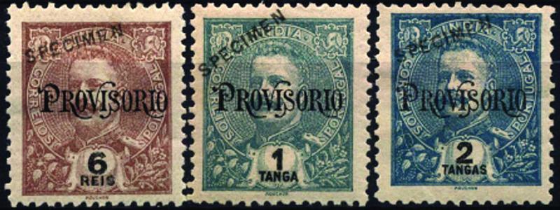 1553.jpg -     Lote:    1553            Índia       Descrição:         1902 &mdash; D. Carlos I , com sobrecarga "PROVISÓRIO". CE182/184. Série completa, com sobrecarga oblíqua a preto "SPECIMEN". Selos originais distribuídos com as reimpressões de 1905.        **       Valor Base:     &euro; 30,00     Valor Venda:     &euro; 85,00     