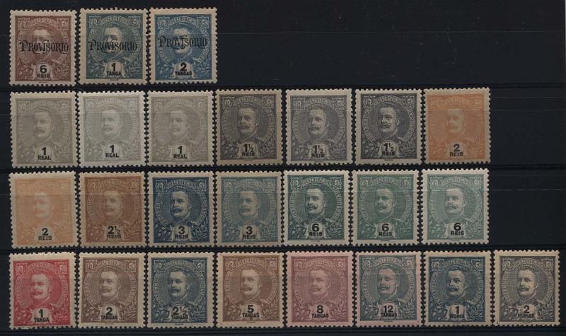 1554.jpg -     Lote:    1554            Índia       Descrição:         1902/1903 &mdash; D. Carlos I, com sobrecarga "PROVISÓRIO" + D. Carlos I. Novas cores e valores. CE182/184 e 185/198. Duas séries completas. Algumas repetições (tonalidades de cor). Valor de catálogo &euro; 120,50.        **       Valor Base:     &euro; 25,00     Valor Venda:     &euro; 50,00     