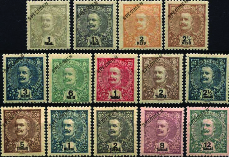 1555.jpg -     Lote:    1555            Índia       Descrição:         1903 &mdash; D. Carlos I Mouchon. Novas cores e valores. CE185198. Série completa, com a sobrecarga oblíqua a preto "SPECIMEN". Selos originais distribuídos com as reimpressões de 1905. MB e MR.        **       Valor Base:     &euro; 200,00     Valor Venda:     &euro; 320,00     