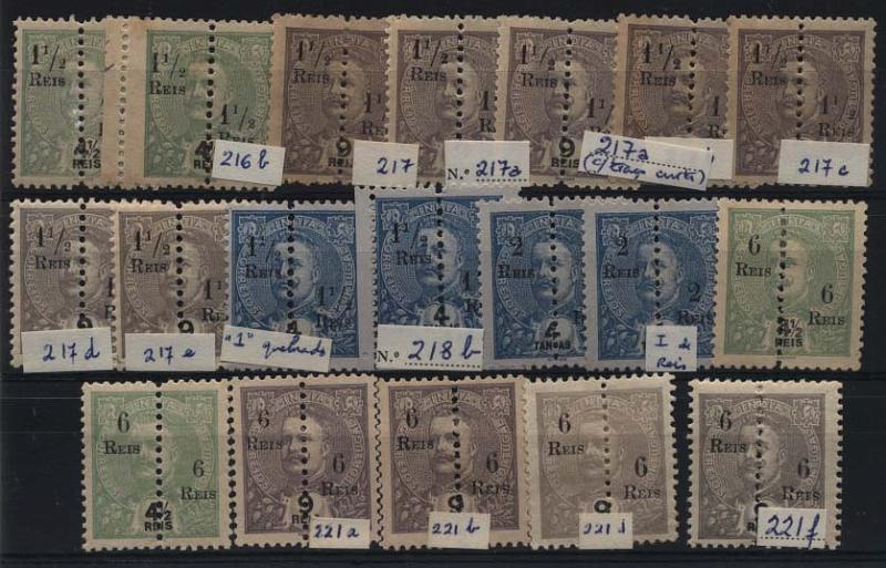 1558.jpg -     Lote:    1558            Índia       Descrição:         1911/13 &mdash; D. Carlos I de 1898/1900. Selos perfurados ao meio, com sobretaxa. CE216/221. Série completa de selos inteiros + CE216 tipo (3) + CE217 tipo (2) + idem com traço curto + idem tipo (2) itálico + idem lilás cinzento + idem tipo (2) + CE218 com "1" quebrado + CE218 tipo (4) + CE219 com "I" grosso + CE220 com "6" pequeno + CE221 com "6" pequeno + CE221 com "s" invertido x 2. Valor de catálogo &euro; 109,40.         *       Valor Base:     &euro; 25,00     Valor Venda:     &euro; 40,00     