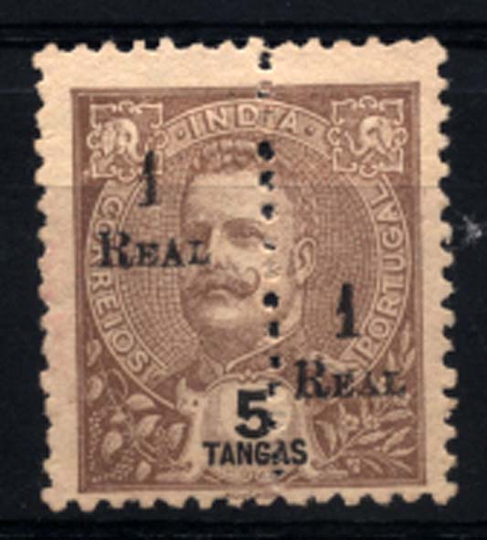 1561.jpg -     Lote:    1561            Índia       Descrição:         1911/13 &mdash; D. Carlos I Mouchon de 1903, perfurados ao meio, com sobretaxa. CE232, 1 real s/ 5T castanho, sobrecarga tipo A. Valor de catálogo &euro; 61,00.        *       Valor Base:     &euro; 20,00     Valor Venda:     &euro; 130,00     