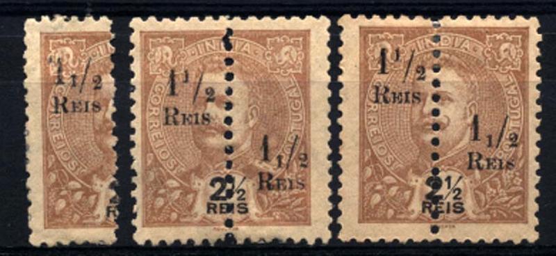 1562.jpg -     Lote:    1562            Índia       Descrição:         1911/13 &mdash; D. Carlos I Mouchon de 1903, perfurados ao meio, com sobretaxa. CE233, 1 &frac12; reis s/ 2 &frac12; reis castanho amarelo. Lote de dois selos inteiros e um meio selo, cada um com "&frac12;" em vês de " &frac12; ". Valor de catálogo &euro; 51,00.         *       Valor Base:     &euro; 15,00     Valor Venda:     &euro; 40,00     