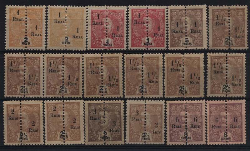 1563.jpg -     Lote:    1563            Índia       Descrição:         1911/13 &mdash; D. Carlos I Mouchon de 1903, perfurados ao meio, com sobretaxa. CE230/237. Série completa + 11 selos de diversos valores, com variedades diversas, como números pequenos, "s" invertido, etc. Lote a ver.        *       Valor Base:     &euro; 12,00     Valor Venda:     &euro; 36,00     