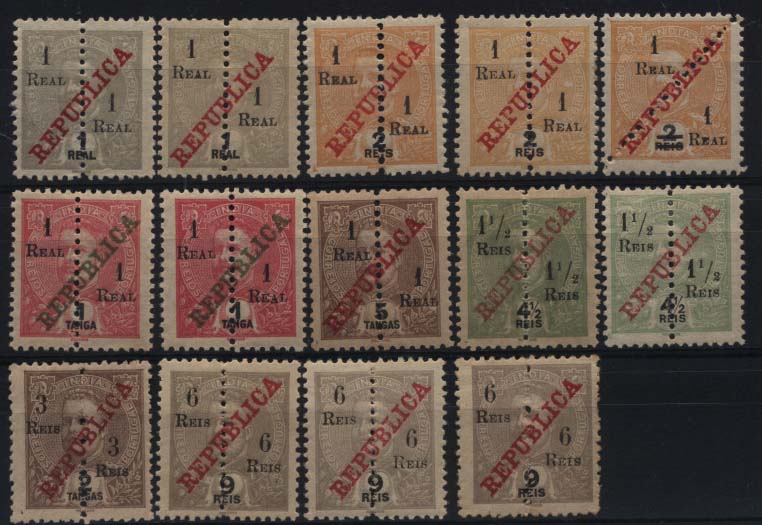 1564.jpg -     Lote:    1564            Índia       Descrição:         1911/13 &mdash; D. Carlos I, com sobrecarga REPUBLICA da Casa da Moeda, perfurados ao meio, com sobretaxa. CE238/245. Série completa + 6 repetições com variedades. Lote a ver.        *       Valor Base:     &euro; 6,00     Valor Venda:     &euro; 14,00     
