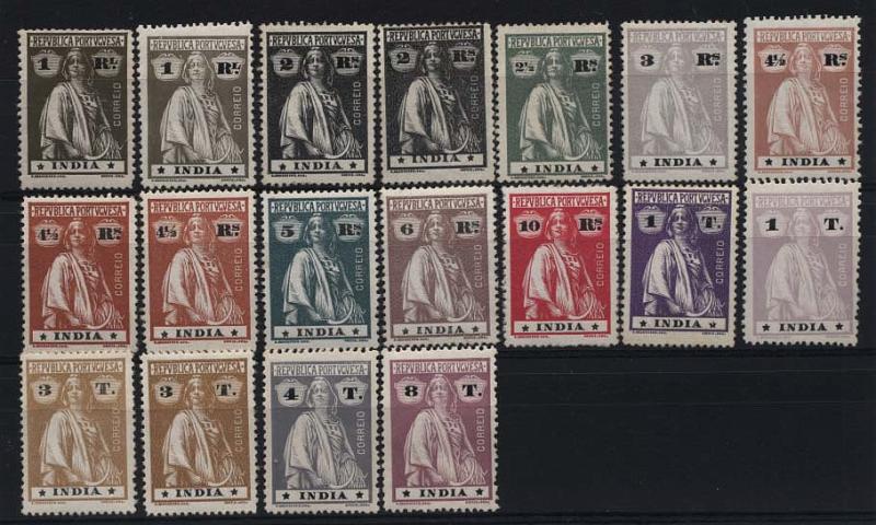 1569.jpg -     Lote:    1569            Índia       Descrição:         1914 &mdash; Ceres. CE254/266. Série completa em denteado 15x14, papel esmalte e estrelas I/I + CE267/268, 4 e 8 tangas não catalogados neste tipo de papel. Algumas repetições com tonalidades de cor. Lote a ver.        **       Valor Base:     &euro; 25,00     Valor Venda:     &euro; 48,00     