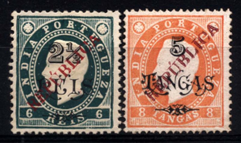 1574.jpg -     Lote:    1574            Índia       Descrição:         1914 &mdash; D. Luís I, emissão de 1902, com sobrecarga REPUBLICA local. CE282/283. Série completa. Selo CE282 nem denteado 12 &frac12; e selo CE283 em denteado 13 &frac12;. Valor de catálogo &euro; 35,00.        *       Valor Base:     &euro; 10,00     Valor Venda:     &euro; 44,00     