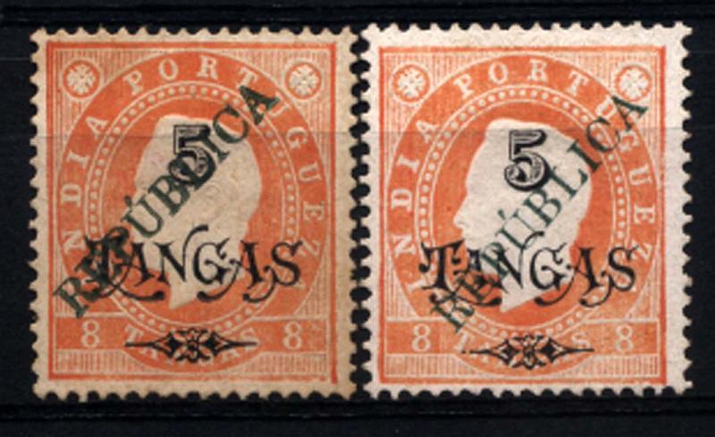 1575.jpg -     Lote:    1575            Índia       Descrição:         1914 &mdash; D. Luís I, emissão de 1902, com sobrecarga REPUBLICA local. CE2823, 5 T s/ 8T laranja, denteado 13 &frac12;. Lote de dois selos, um deles com a sobrecarga mais espessa.        *       Valor Base:     &euro; 12,00     Valor Venda:     &euro; 30,00     