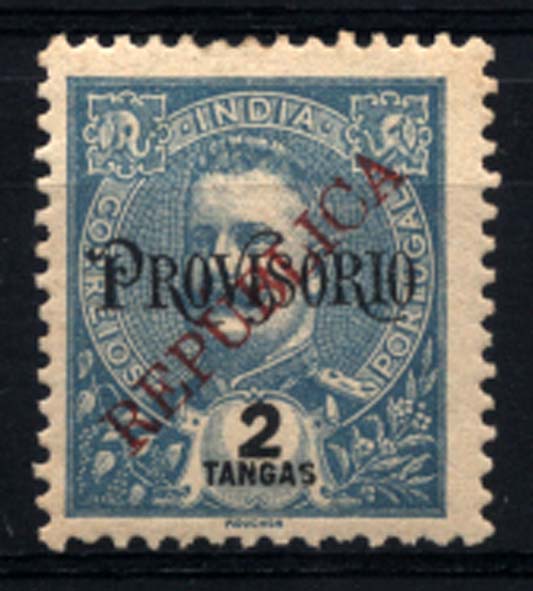 1578.jpg -     Lote:    1578            Índia       Descrição:         1914 &mdash; D. Carlos I tipo Mouchon, emissão de 1902 com sobrecarga "PROVISÓRIO" e com sobrecarga REPUBLICA local. CE288, 2T azul claro. Valor de catálogo &euro; 40,00.        *       Valor Base:     &euro; 12,00     Valor Venda:     &euro; 26,00     