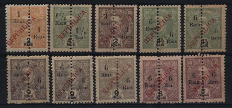 1579.jpg -     Lote:    1579            Índia       Descrição:         1914 &mdash; D. Carlos I tipo Mouchon de 1911/13, perfurados a meio, com sobrecarga REPUBLICA local. CE289/294. Série completa + CE292, 293 e 294 com "6" mais pequeno + CE293 (tonalidade diferente). Valor de catálogo &euro; 152,00.        *       Valor Base:     &euro; 40,00     Valor Venda:     &euro; 75,00     