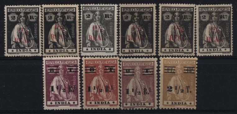 1581.jpg -     Lote:    1581            Índia       Descrição:         1922/32 &mdash; Ceres, com sobretaxas. CE322 + CE325/326. Duas séries completas + CE322 x 5 selos com variedades de estrelas e papeis) + CE325 x 2 selos com variedades de estrelas e denteados. Valor de catálogo &euro; 149,70.        **/*       Valor Base:     &euro; 40,00     Valor Venda:     &euro; 85,00     