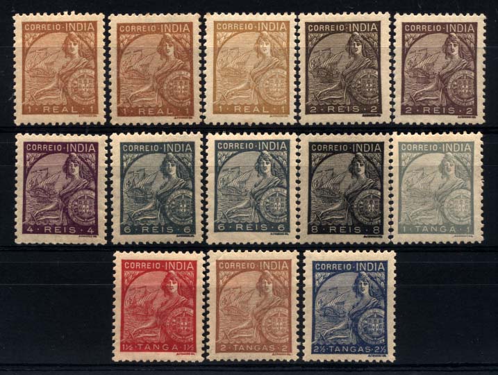 1583.jpg -     Lote:    1583            Índia       Descrição:         1933 &mdash; Padrões. CE333/341 + repetições CE333 (2), CE334 e CE336. Selos da 2.ª tiragem feita em 1946 em tons que diferem consideravelmente dos da 1.ª emissão.        **       Valor Base:     &euro; 5,00     Valor Venda:     &euro; 12,00     
