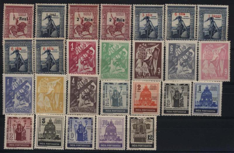 1588.jpg -     Lote:    1588            Índia       Descrição:         1950/51 &mdash; Império Colonial Português, com sobretaxa + Ano Santo + Ano Santo + Tricentenário do Nascimento de Padre José Vaz. CE399/404 + par CE403 (um selo com "rêis" em vez de "réis" + CE405/406 + CE407/414 + CE416/424. As quatro séries completas. Valor de catálogo &euro; 22,10.        **       Valor Base:     &euro; 5,00     Valor Venda:     &euro; 14,00     