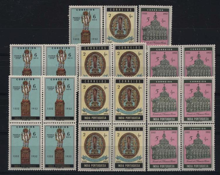 1589.jpg -     Lote:    1589            Índia       Descrição:         1952 &mdash; 4.º Centenário da Morte de S. Francisco Xavier. CE426/428. Lote composto por série completa simples, em pares e em quadras. Valor de catálogo &euro; 77,00.        ***       Valor Base:     &euro; 15,00     Valor Venda:     &euro; 32,00     