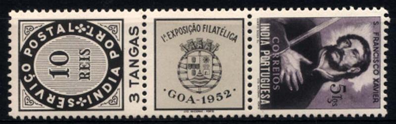 1590.jpg -     Lote:    1590            Índia       Descrição:         1952 &mdash; 1.ª Exposição Filatélica de Goa. CE429/430. Tira completa. Valor de catálogo &euro; 34,00.        **       Valor Base:     &euro; 8,00     Valor Venda:     &euro; 16,00     
