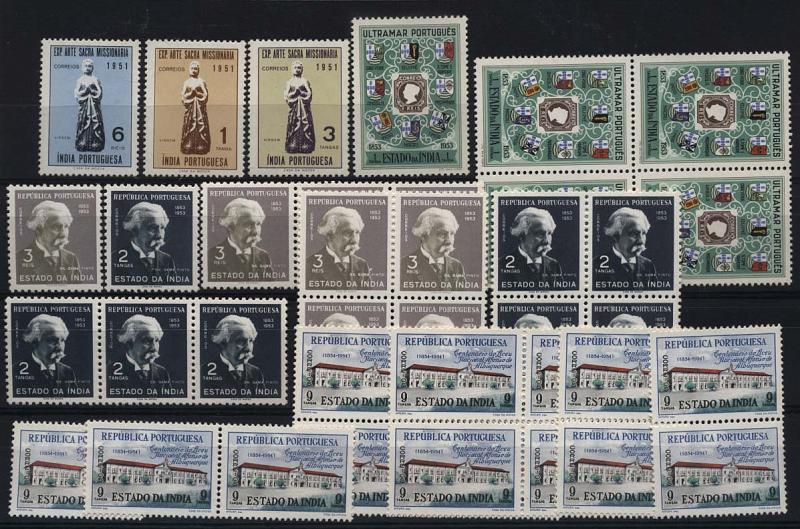 1591.jpg -     Lote:    1591            Índia       Descrição:         1953/54 &mdash; Exposição de Arte Sacra Missionária + Centenário do Selo Postal Português + Centenário do Nascimento do Dr. Gama + Centenário do Liceu Nacional Afonso de Albuquerque. Lote composto por CE43&frac14;33 (série simples) + CE434 (selo + quadra) + CE435/436 (série simples + em tiras de três selos e em quadras) + CE438 (Selo + 3 pares e 2 quadras). Valor de catálogo &euro; 50,10.        ***       Valor Base:     &euro; 10,00     Valor Venda:     &euro; 20,00     