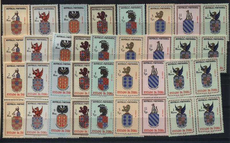 1595.jpg -     Lote:    1595            Índia       Descrição:         1958 &mdash; Brasões. CE467/474. Lote composto por série simples + série em pares + série em quadras. Valor de catálogo &euro; 39,20.        ***       Valor Base:     &euro; 8,00     Valor Venda:     &euro; 20,00     