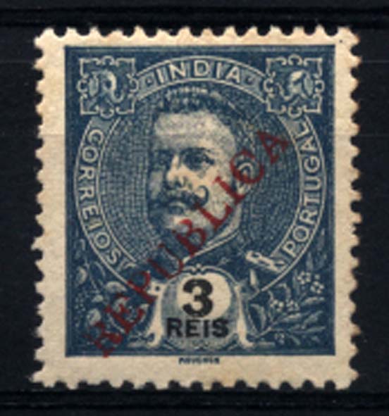 1601.jpg -     Lote:    1601            Índia       Descrição:         1914 &mdash; D. Carlos I Mouchon, com sobrecarga REPUBLICA local. Não emitidos. Selo de 3 reis azul. Não catalogado.        *       Valor Base:     &euro; 15,00     Valor Venda:     Retirado     