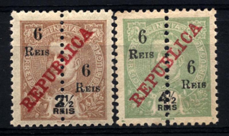 1602.jpg -     Lote:    1602            Índia       Descrição:         1911/13 &mdash; D. Carlos I Mouchon com sobrecarga REPUBLICA da Casa da Moeda, perfurados ao meio, com sobretaxa. Não emitidos. Lote de 32selos nos valores de 6 reis s/ 2 &frac12; reis castanho amarelo + 6 reis s/ 4 &frac12; reis verde amarelo. Todos com sobrecarga tipo A. Não catalogados.        *       Valor Base:     &euro; 20,00     Valor Venda:     &euro; 80,00     