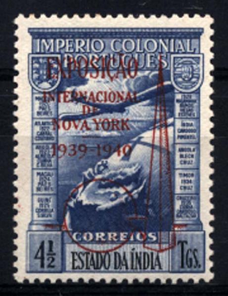 1603.jpg -     Lote:    1603            Índia       Descrição:         1938 &mdash; Correio Aéreo. Império Colonial Português. CE CA4A, 4 &frac12; T com a sobrecarga "Exposição Internacional de Nova York 1939-1940". Valor de catálogo &euro; 210,00.        ***       Valor Base:     &euro; 40,00     Valor Venda:     &euro; 75,00     