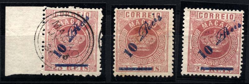 1611.jpg -     Lote:    1611            Macau       Descrição:         1885 &mdash; Tipo Coroa com sobretaxa. CE12, 10 s/ 25 reis carmim. Lote de 3 selos (dois novos e um usado canto de folha). Dos selos novos um deles tem o "s" descaído e outro com deslocações nos algarismos e letras. Valor de catálogo &euro; 79,00.        */O       Valor Base:     &euro; 15,00     Valor Venda:     &euro; 28,00     