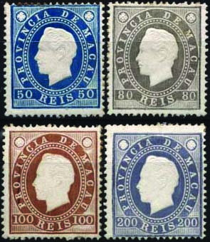 1613.jpg -     Lote:    1613            Macau       Descrição:         1887 &mdash; D. Luís I. Fita direita. Lote de 4 selos de 50, 80, 100 e 200 reis, CE37/40. Selo de 80 reis com ligeira transparência. Valor de catálogo &euro; 167,00.        **       Valor Base:     &euro; 30,00     Valor Venda:     &euro; 70,00     