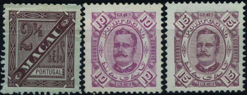 1615.jpg -     Lote:    1615            Macau       Descrição:         1893/94 &mdash; D. Carlos I. CE46, 48/49, 2 &frac12;, 10 e 15 reis. Lote de 3 selos em denteado 11 &frac12;. Valor de catálogo &euro; 26,70.        *       Valor Base:     &euro; 8,00     Valor Venda:     &euro; 14,00     