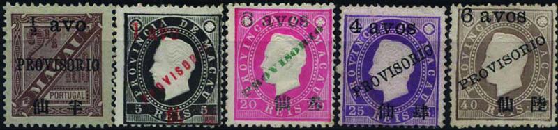 1616.jpg -     Lote:    1616            Macau       Descrição:         1894 &mdash; D. Luís I e D. Carlos I com sobrecarga "PROVISÓRIO" e sobretaxa. CE59/63. Lote de 5 selos em denteado 12 &frac12;. Valor de catálogo &euro; 64,20.        *       Valor Base:     &euro; 18,002     Valor Venda:     &euro; 26,00     