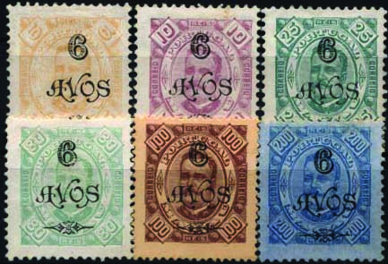 1617.jpg -     Lote:    1617            Macau       Descrição:         1902 &mdash; D. Carlos I, com sobretaxa. CE111/112 e 114/117. Lote de 6 selos. Valor de catálogo &euro; 53,00.        **/*       Valor Base:     &euro; 20,00     Valor Venda:     &euro; 32,00     