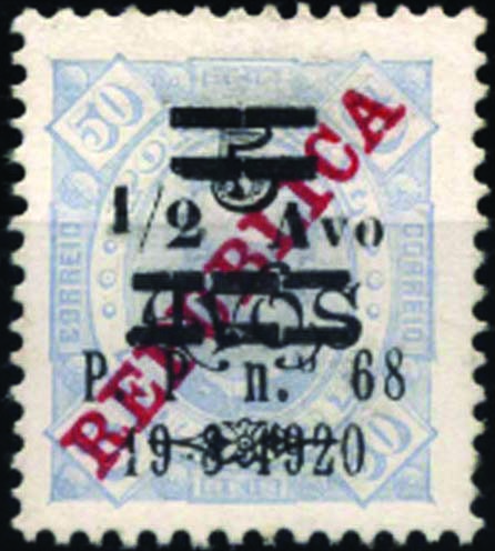 1618.jpg -     Lote:    1618      Timor             Descrição:         1920 &mdash; D. Carlos I, de 1915, com sobretaxa tipografada localmente. Emitidos sem goma.CE191, &frac12; avo s/ 5 avos s/ 50 reis em denteado 11 &frac12;. Valor de catálogo &euro; 52,00.         *       Valor Base:     &euro; 20,00     Valor Venda:     &euro; 26,00     