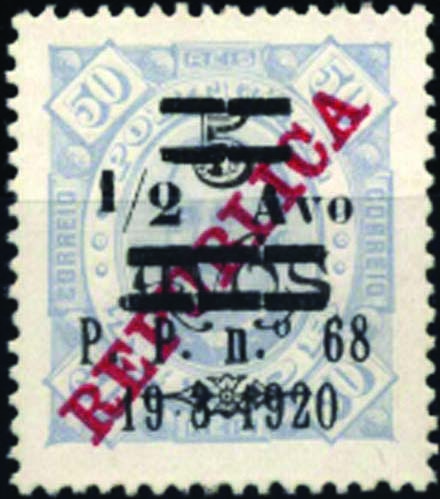 1619.jpg -     Lote:    1619      Timor             Descrição:         1920 &mdash; D. Carlos I, de 1915, com sobretaxa tipografada localmente. Emitidos sem goma.CE191, &frac12; avo s/ 5 avos s/ 50 reis em denteado 13 &frac12;. Valor de catálogo &euro; 87,00.         *       Valor Base:     &euro; 25,00     Valor Venda:     &euro; 26,00     