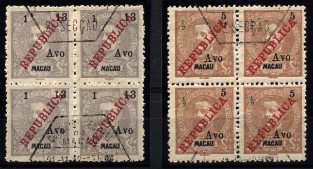 1620.jpg -     Lote:    1620            Macau       Descrição:         1913 &mdash; D. Carlos I com sobrecarga REPUBLICA e sobretaxa. Lote composto por quadra de &frac12; avo s/ 5 avos CE198 + quadra de 1 avos s/ 13 avos CE200. Valor de catálogo &euro; 169,20.        O       Valor Base:     &euro; 25,00     Valor Venda:     &euro; 25,00     