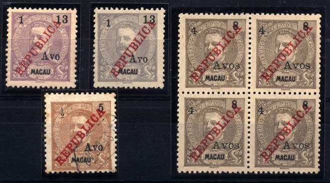 1621.jpg -     Lote:    1621            Macau       Descrição:         1913 &mdash; D. Carlos I com sobrecarga REPUBLICA e sobretaxa. CE198/201. Série completa, sendo o selo CE198 usado e o selo CE199 em quadra. Valor de catálogo &euro; 88,60.        */O       Valor Base:     &euro; 20,00     Valor Venda:     &euro; 60,00     