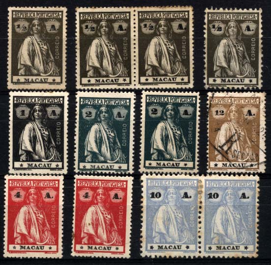 1622.jpg -     Lote:    1622            Macau       Descrição:         1913 &mdash; Ceres. Lote composto por 12 selos com variedades de estrelas: CE210 &frac12; avo (4 selos incluindo um par) com estrelas I/I, I/II, III/IV; CE211, 1 avo I/I, CE212, 2 avos (2 selos), I/I e I/II; CE213, 4 avos (dois selos), I/I e I/II; CE217, 10 avos (par), III/III e III/IV; CE218, 12 avos, I/I. Todos novos excepto 12 avos em usado. Vários papeis e denteados. Lote a ver. Valor aproximado de catálogo &euro; 220,00.        */O       Valor Base:     &euro; 50,00     Valor Venda:     &euro; 50,00     