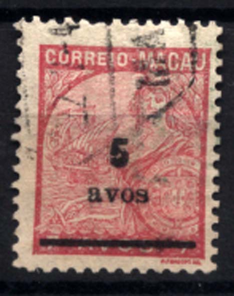 1624.jpg -     Lote:    1624            Macau       Descrição:         1941 &mdash; Padrões, com sobretaxa. CE307, 5 avos s/ 7 avos, carmim. Valor de catálogo &euro; 73,00.        O       Valor Base:     &euro; 20,00     Valor Venda:     &euro; 20,00     