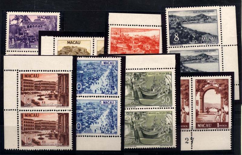 1627.jpg -     Lote:    1627            Macau       Descrição:         1950/51 &mdash; Motivos locais. Novas cores. CE341/348. Série completa em pares verticais, bordos de folha. Valor de catálogo &euro; 204,00.        ***       Valor Base:     &euro; 50,00     Valor Venda:     &euro; 160,00     
