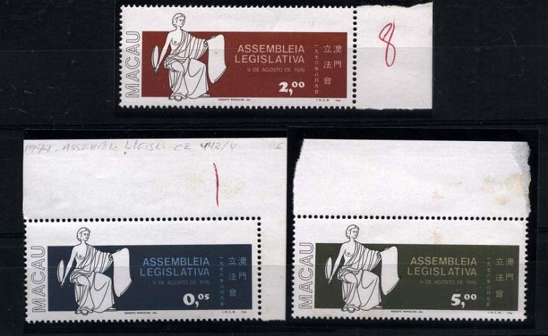 1629.jpg -     Lote:    1629            Macau       Descrição:         1977 &mdash; Assembleia Legislativa. CE442/44. Série completa, bordos de folha. Valor de catálogo &euro; 100,00.        ***       Valor Base:     &euro; 25,00     Valor Venda:     &euro; 75,00     