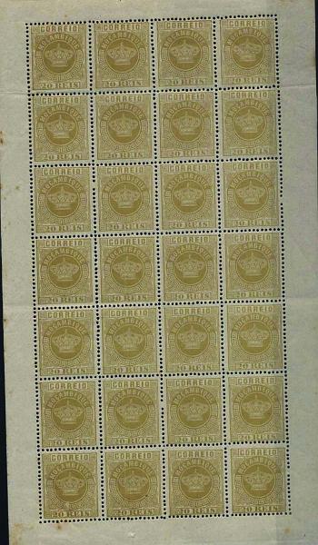 1634.jpg -     Lote:    1634            Moçambique       Descrição:         1876 &mdash; Tipo Coroa. CE3, 20 reis bistre, denteado 12 &frac12;, papel liso fino. Folha completa de 28 selos, com goma original. Valor de catálogo &euro; 70,00.        ***       Valor Base:     &euro; 35,00     Valor Venda:     Retirado     