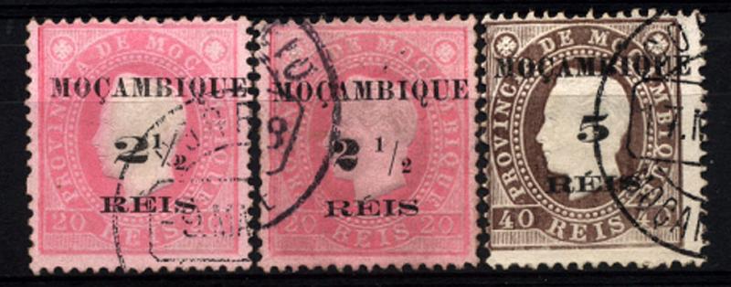 1647.jpg -     Lote:    1647            Moçambique       Descrição:         1898 &mdash; D. Luís I, fita direita, com sobretaxa. CE51/52. Lote composto por selo de 2 &frac12; s/ 20 reis com sobrecarga tipo 1 e outro com a sobrecarga tipo 2 + selo de 5 s/ 40 reis castanho. Valor de catálogo &euro; 185,00.        O       Valor Base:     &euro; 44,00     Valor Venda:     Retirado     