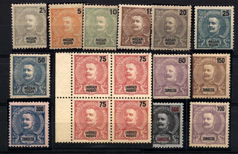 1648.jpg -     Lote:    1648            Moçambique       Descrição:         1898/1901 &mdash; D. Carlos I tipo Mouchon. Lote composto por 12 selos simples CE32/38, 40, 42, 44/46 + quadra de 75 reis (sem goma) CE39. Valor aproximado de catálogo &euro; 110,00.        **/*       Valor Base:     &euro; 20,00     Valor Venda:     &euro; 20,00     