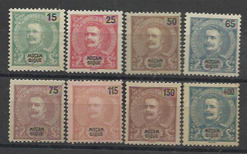 1649.jpg -     Lote:    1649            Moçambique       Descrição:         1903 &mdash; D. Carlos I tipo Mouchon. Novas cores e valores. CE94/101. Série completa. Selo CE100 sem goma. Valor de catálogo &euro; 85,00.        **/*       Valor Base:     &euro; 20,00     Valor Venda:     &euro; 34,00     