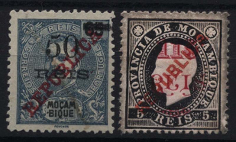 1651.jpg -     Lote:    1651            Moçambique       Descrição:         1915 &mdash; D. Luís com sobretaxa e sobrecarga REPUBLICA local + D. Carlos I com sobretaxa e sobrecarga REPUBLICA da Casa da Moeda. Lote composto por: selo CE169, 115 s/ 5 reis preto, papel porcelana, denteado 12 &frac12; + CE188, 50 s/ 65 reis azul com "5" fendido tipo I, valor de catálogo &euro; 105,00.        *       Valor Base:     &euro; 15,00     Valor Venda:     &euro; 28,00     