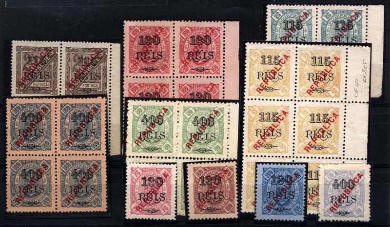 1652.jpg -     Lote:    1652            Moçambique       Descrição:         1915/20 &mdash; D. Carlos I com sobrecarga REPUBLICA local. CE170/179. Lote composto por CE173/74 e 176/77 em selos isolados + CE171 em bloco de 6 selos, CE172 em par e restantes valores em quadras. Valor aproximado de catálogo &euro; 69,00.        *       Valor Base:     &euro; 12,00     Valor Venda:     &euro; 12,00     