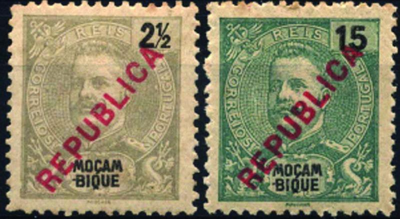 1653.jpg -     Lote:    1653            Moçambique       Descrição:         1917 &mdash; D. Carlos I Mouchon, com sobrecarga REPUBLICA local. CE 189/190, 2 &frac12; e 15 reis. Valor de catálogo &euro; 82,00.        **       Valor Base:     &euro; 20,00     Valor Venda:     &euro; 34,00     