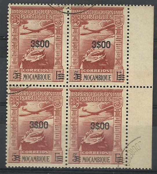 1663.jpg -     Lote:    1663            Moçambique       Descrição:         1946 &mdash; Correio Aéreo. Império Colonial Português, com sobretaxa. CE CA10, 3$00 s/ 5E castanho avermelhado. Quadra usada, bordo de folha. Valor de catálogo &euro; 72,00.        O       Valor Base:     &euro; 14,00     Valor Venda:     &euro; 18,00     