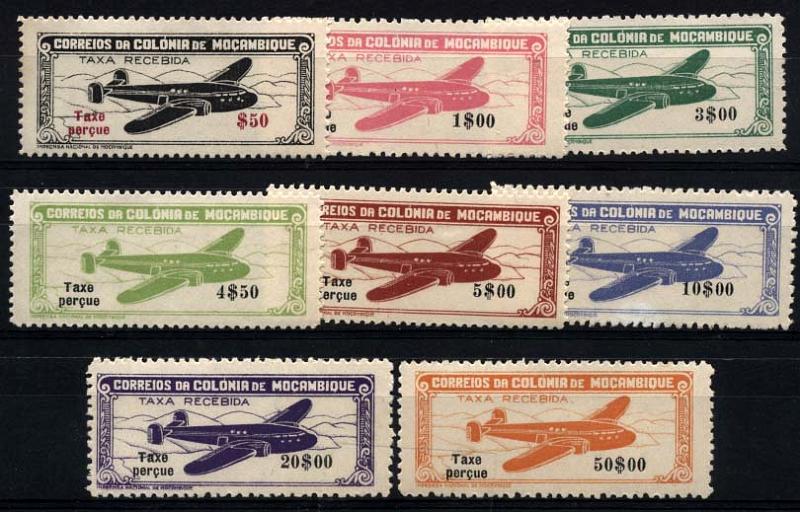 1664.jpg -     Lote:    1664            Moçambique       Descrição:         1947 &mdash; Correio Aéreo. "Avião", com legenda "Taxe Perçue". CE CA16/23. Série completa, sem sinal de charneira. Valor de catálogo &euro; 270,00.        ***       Valor Base:     &euro; 50,00     Valor Venda:     &euro; 95,00     